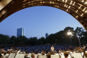 Landmarks Orchestra members perform onstage at the Hatch Shell.