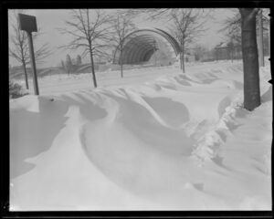 The Hatch Shell, surrounded by a thick blanket of snow.