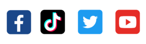 Social Media banner with Facebook, TikTok, Twitter and YouTube icons.