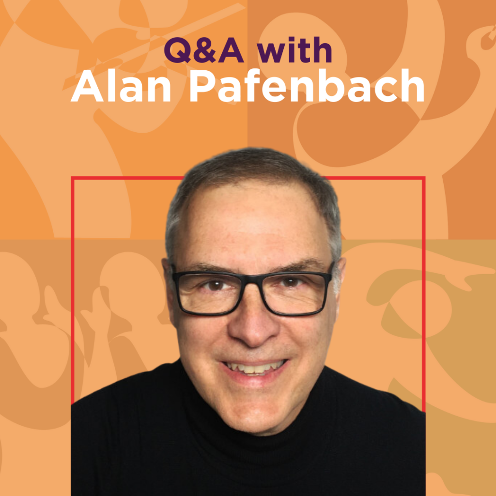 Text reads "Q&A" with Alan Pafenbach. An orange overlay lies over the new Landmarks logo as the background. Alan's headshot is center of the photo, with him smiling, he is wearing glasses and a black sweater.