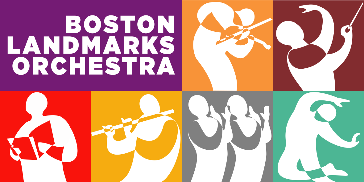 Landmarks Orchestra's logo that reads: "Boston Landmarks Orchestra" surrounded by a deep purple rectangle. Clockwise, there are other squares with different colors and abstract figures in white, including an orange square with a violin player, a brown square with a conductor with a baton, a red square with a narrator reading from a book, a yellow square with a flute player, a gray square with two figures applauding, and a green square with a dancer.