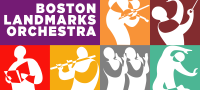 Landmarks Orchestra's logo that reads: "Boston Landmarks Orchestra" surrounded by a deep purple rectangle. Clockwise, there are other squares with different colors and abstract figures in white, including an orange square with a violin player, a brown square with a conductor with a baton, a red square with a narrator reading from a book, a yellow square with a flute player, a gray square with two figures applauding, and a green square with a dancer.