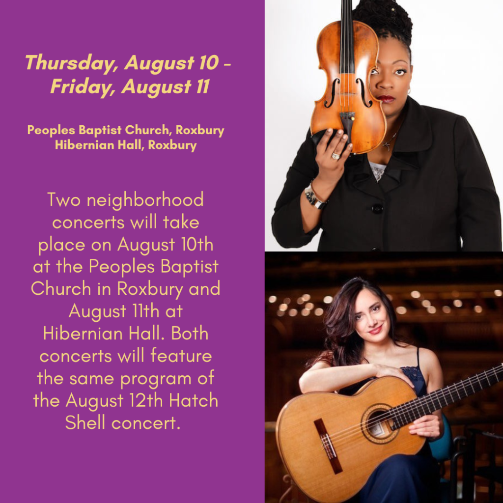 Thursday, August 10 - Friday, August 11. Peoples Baptist Church, Roxbury. Hibernian Hall, Roxbury. Two neighborhood concerts will take place on August 10th at Peoples Baptist, and August 11th at Hibernian Hall. Both concerts will feature the same program of the August 12th Hatch Shell concert.