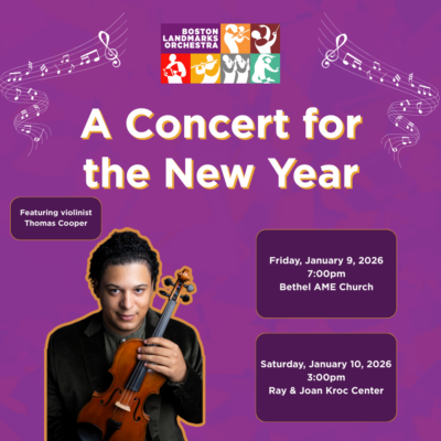 Jan 2026 Concert Homepage Image A Concert for the New Year featuring violinist Thomas Cooper. Friday, January 9, 2026 at 7:00pm at Bethel AME Church. Saturday, January 10, 2026 at 3:00pm at the Ray and Joan Kroc Center.
